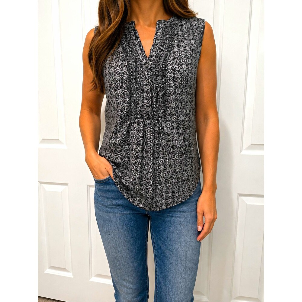 LOFT Women's Geometric Print Sleeveless V-Neck Button Front Blouse - M